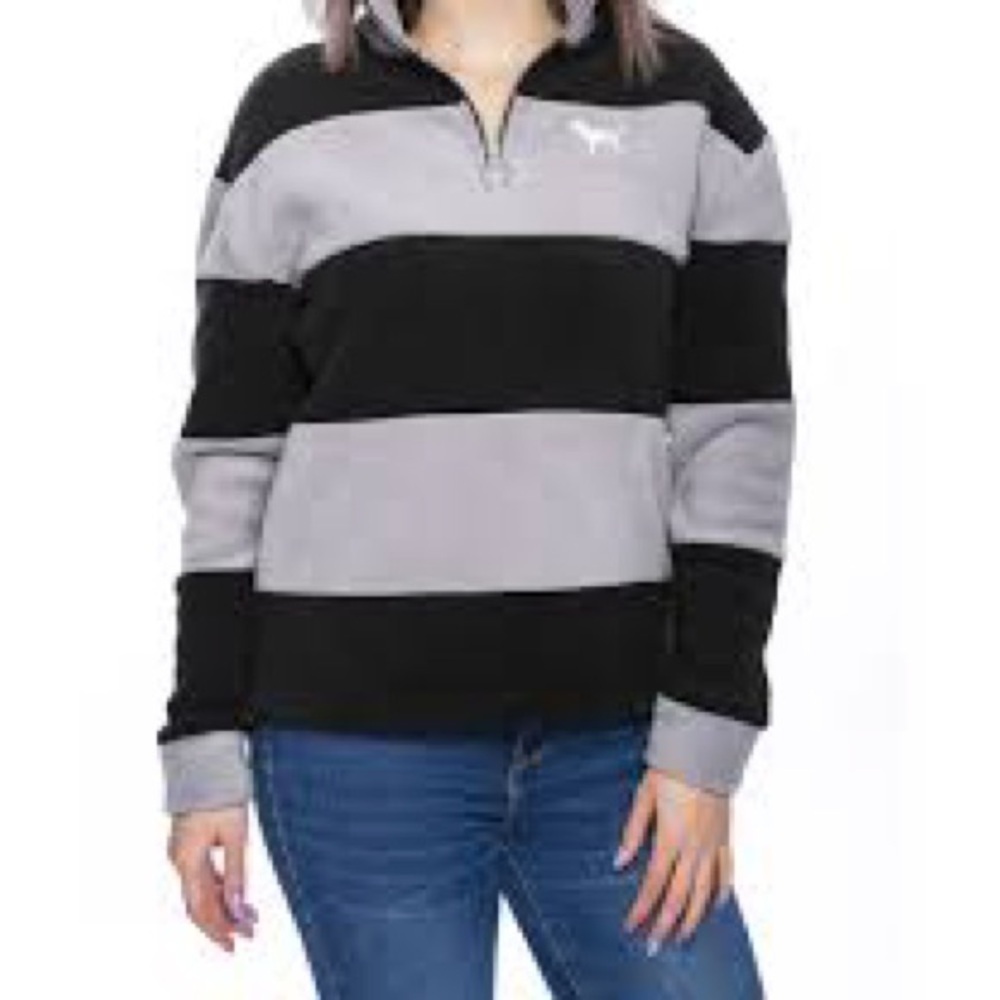 Victorias Secret PINK Fleece Stripe Pullover Quarter Zip Sweater - Picture 2 of 10